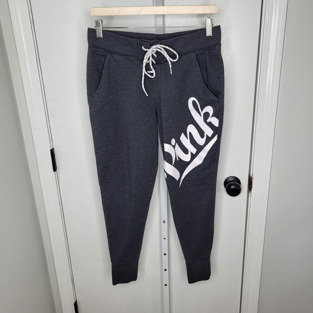 Victoria's Secret Pink Lace Up Shoestring Logo Joggers Dark Gray White Medium